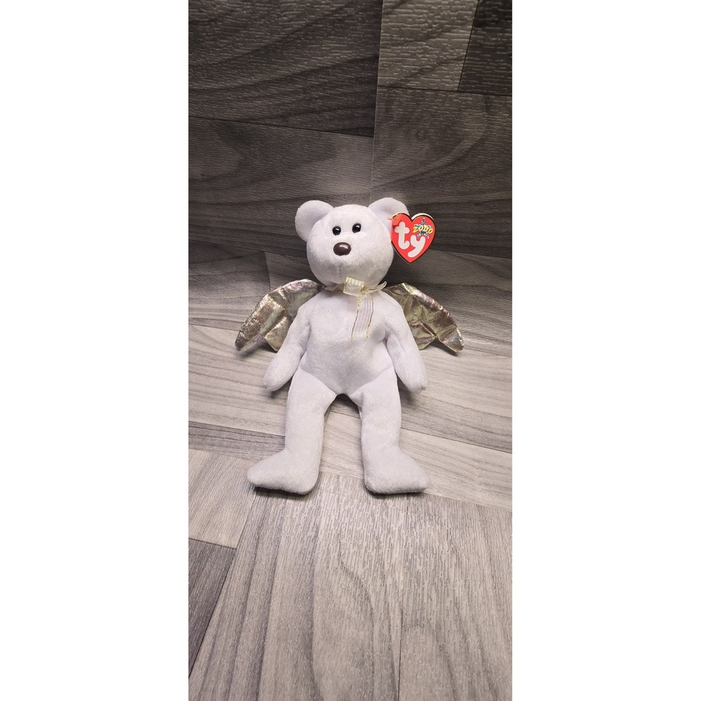 Rare TY Beanie Baby Retired 2000 HALO II 2 Gold Wings Brown Nose Angel Bear